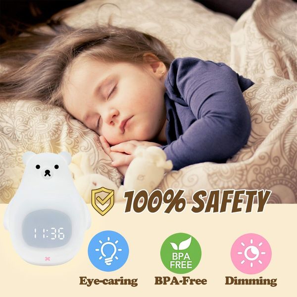 Bear Night Light Alarm Clock, Soft Silicone Portable Nursery Lamp, Children USB Rechargeable Nightlight for Kids Toddler  Gifts Bedroom Room Decor