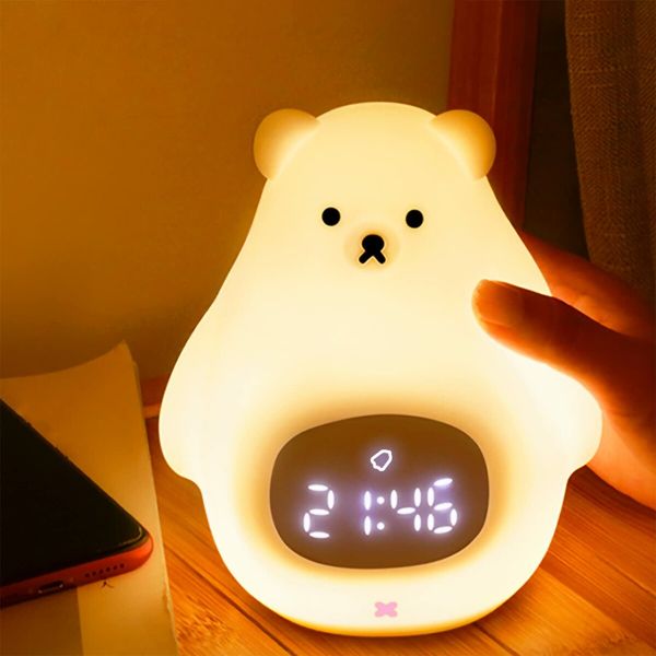 Bear Night Light Alarm Clock, Soft Silicone Portable Nursery Lamp, Children USB Rechargeable Nightlight for Kids Toddler  Gifts Bedroom Room Decor