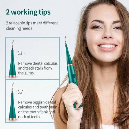 Electric Tooth Cleaner,  Dental Calculus Remover,Tooth Scraper Teeth Cleaning Kit with 3 Cleaning Heads, 5 Modes, Oral Mirror, Green