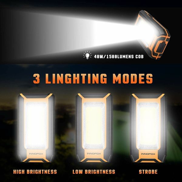 LED Rechargeable Magnetic Work Light 40W 1500Lumens,Hanging Hook 3 Lighting Modes,Job Site Lighting for Car Repairing,Camping,Working,and Hurricane (2 pack)