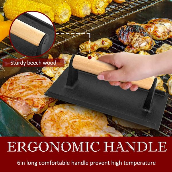 Cast Iron Bacon Smash Burger Press for Teppanyaki Flat Top Griddle Grill Press Perfect for BBQ Meat, Paninis, Tortilla, Steak, Sandwich 21x11cm