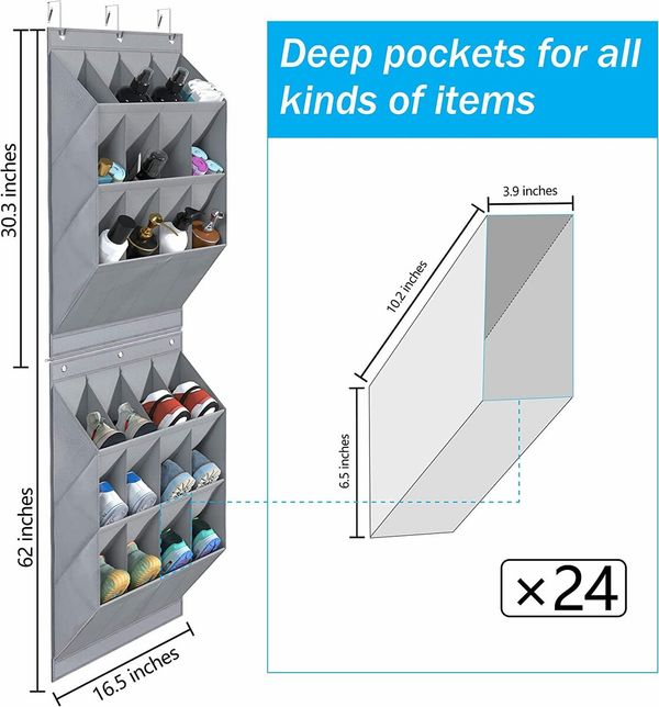 2 Pack Hanging Shoe Organizer,12 Large Pockets and 2 Larger Storage Compartments with 6 Hooks Shoe Storage Rack Organize Grey