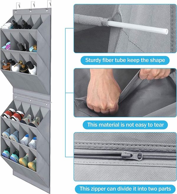 2 Pack Hanging Shoe Organizer,12 Large Pockets and 2 Larger Storage Compartments with 6 Hooks Shoe Storage Rack Organize Grey