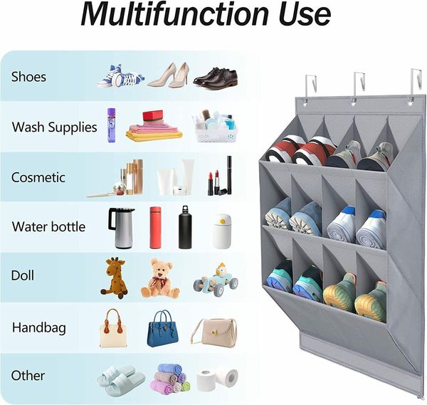 2 Pack Hanging Shoe Organizer,12 Large Pockets and 2 Larger Storage Compartments with 6 Hooks Shoe Storage Rack Organize Grey