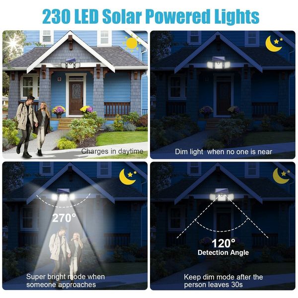 Solar Light for Home 230 LED Solar Wall Lamp IP65 Waterproof Outdoor Street Lamp 3 Heads with Wide Angle Adjustable 1500LM Motion Sensor Lights