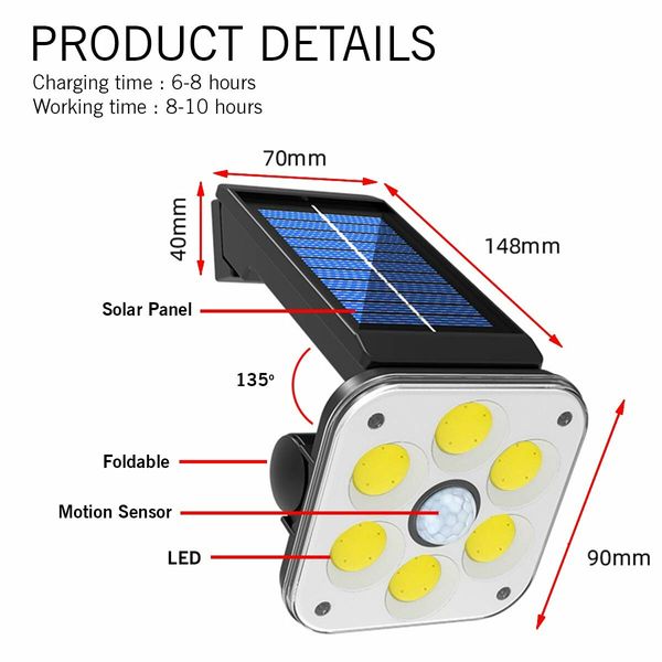 Solar Light Outdoor 54 COB LED Motion Sensor Light, 2400mah 360? Rotating Head Wide Angle Illumination, 3 Modes Wireless Security Wall Lighting