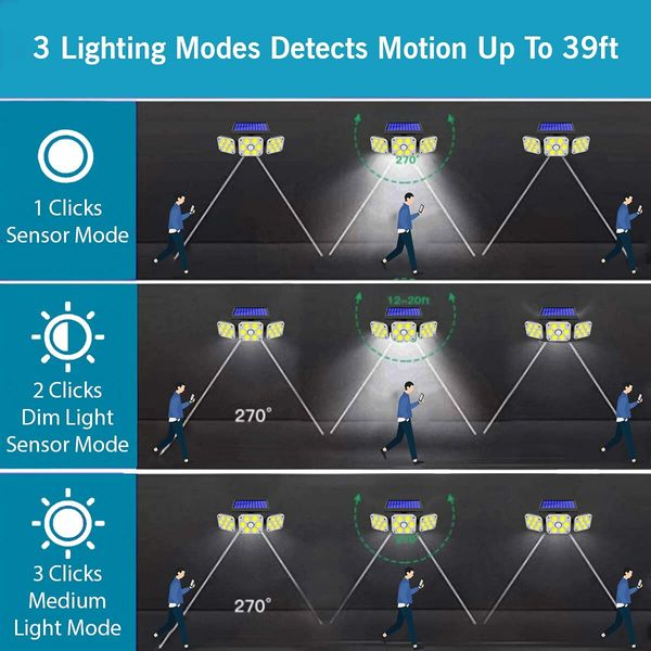 Solar Light Outdoor Motion Sensor 3 Heads Lights Solar Powered, COB LED Flood Light Motion Detected Spotlights IP67 Waterproof 360? Rotatable