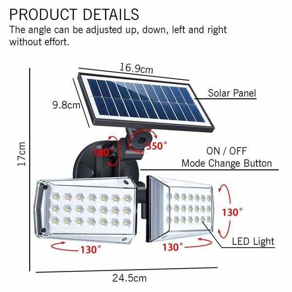 Solar Light Outdoor Motion Sensor Wide-Illumination 42 LED IP65 Waterproof Security Flood Lights Solar Powered Detected for Garage,Porch,Yard