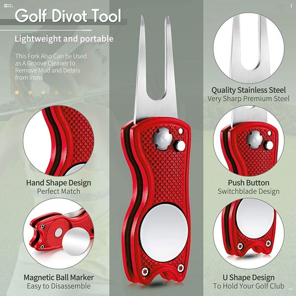 2 Pieces Golf Repair Tool Stainless Steel Foldable Golf Divot Tool Golf Ball Marker (Red)