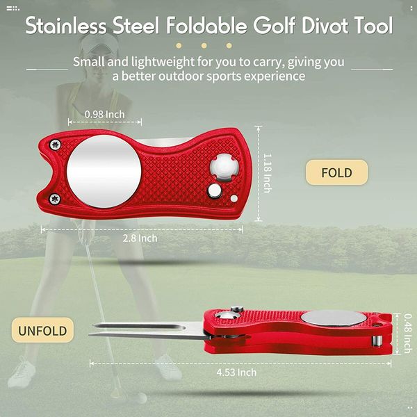 2 Pieces Golf Repair Tool Stainless Steel Foldable Golf Divot Tool Golf Ball Marker (Red)