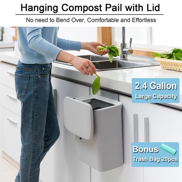 9 L Kitchen Compost Bin Hanging Small Trash Can with Lid for Bathroom/Bedroom/Camping-Grey