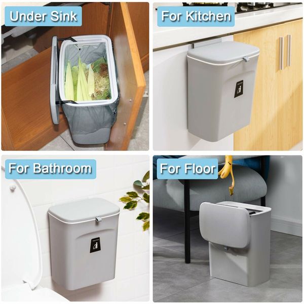 9 L Kitchen Compost Bin Hanging Small Trash Can with Lid for Bathroom/Bedroom/Camping-Grey