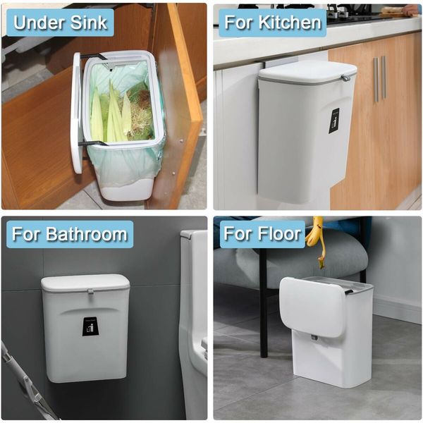 9 L Kitchen Compost Bin Hanging Small Trash Can with Lid for Bathroom/Bedroom/Camping-White