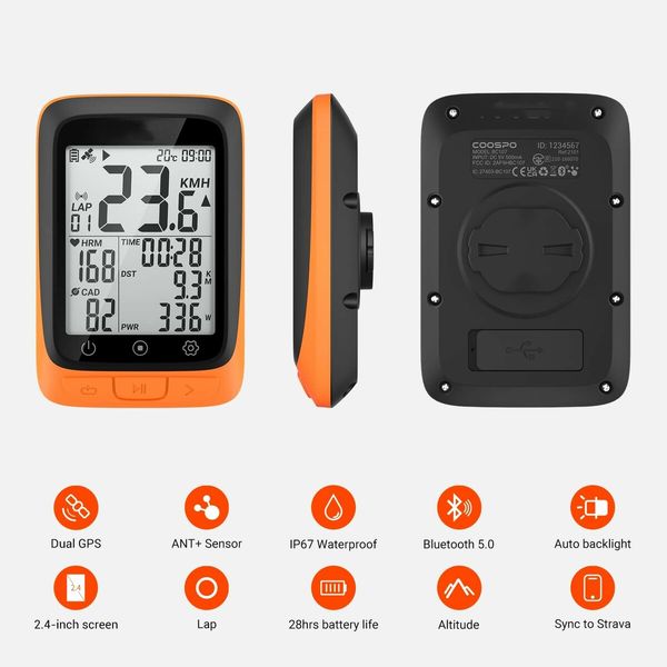 Bike Computer GPS Wireless ANT+ Cycling Computer GPS with Bluetooth with Speedometer with Auto Backlight IP67-Orange