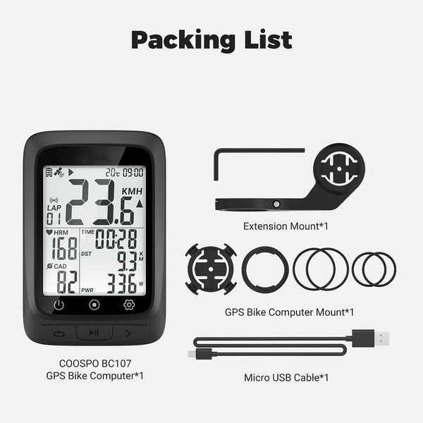 Bike Computer GPS Wireless ANT+ Cycling Computer GPS with Bluetooth with Speedometer with Auto Backlight IP67-Black