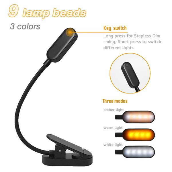 16 LED Rechargeable Book Light,Eye Caring 3 Color Temperatures,Stepless Dimming Brightness,80 Hrs Runtime Small Lightweight Clip On Book Reading Light