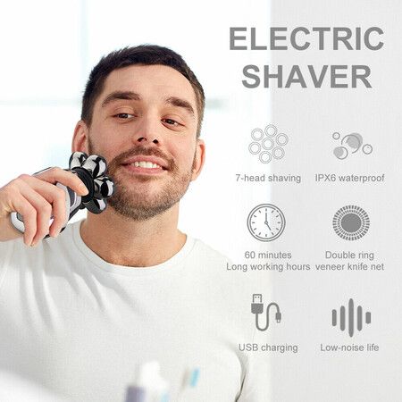 5 In 1 7D Mens Rechargeable Bald Head Electric Shaver 7 Floating Heads Waterproof Portable Hair Trimmer Razor Clipper Brush Color Silver