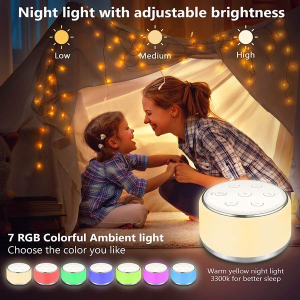 White Noise Machine For Sleeping Baby and Adults With Night Light, 34 Soothing Noises, USB Rechargeable Auto-Off Timer for Kids, Home,Travel