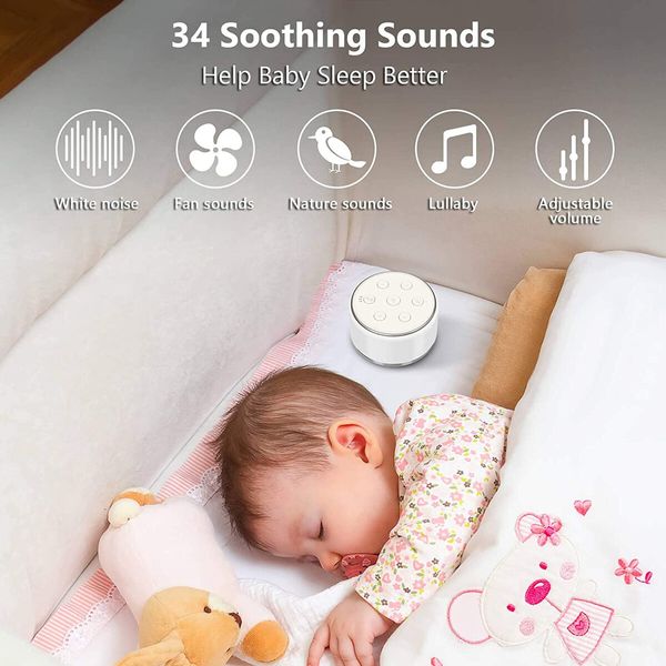 White Noise Machine For Sleeping Baby and Adults With Night Light, 34 Soothing Noises, USB Rechargeable Auto-Off Timer for Kids, Home,Travel