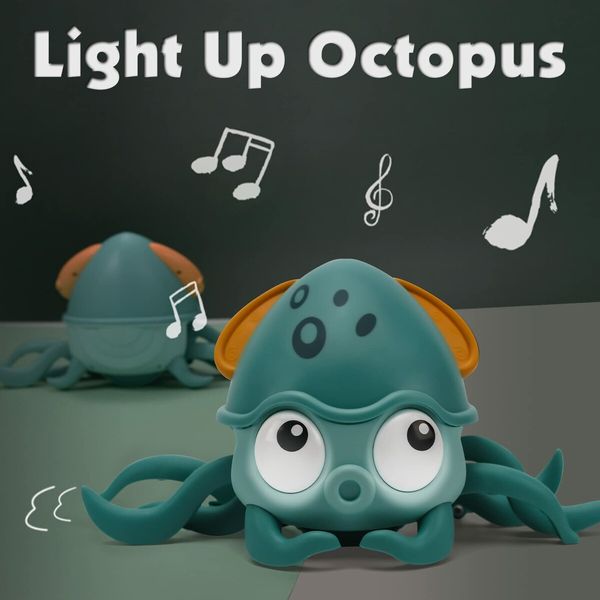 Crawling Octopus Baby Toy Avoiding Obstacles, Musical Octopus Toy with USB Charge and Light for Babies, Kids (Green)