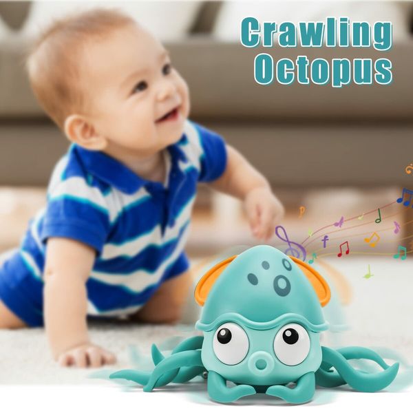 Crawling Octopus Baby Toy Avoiding Obstacles, Musical Octopus Toy with USB Charge and Light for Babies, Kids (Green)