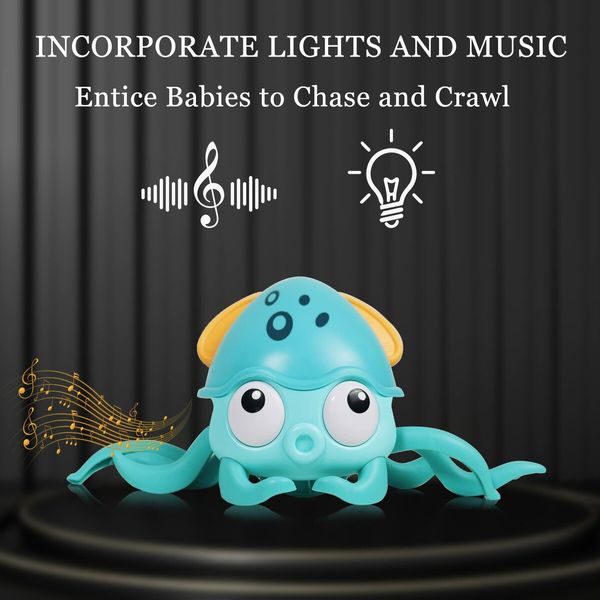 Crawling Octopus Baby Toy Avoiding Obstacles, Musical Octopus Toy with USB Charge and Light for Babies, Kids (Green)