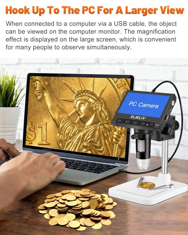 4.3" Coin Microscope,LCD Digital Microscope 1000x,Coin Magnifier with 8 Adjustable LED Lights,PC View,Windows Compatible