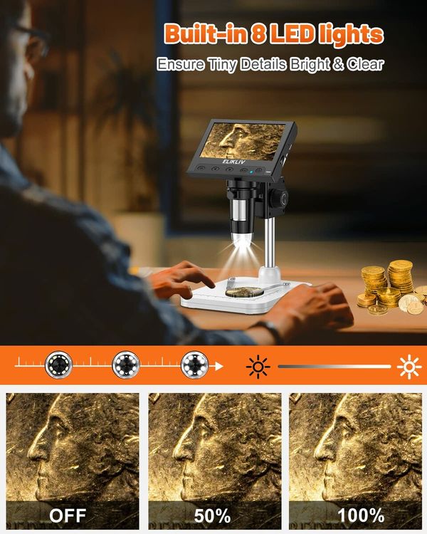 4.3" Coin Microscope,LCD Digital Microscope 1000x,Coin Magnifier with 8 Adjustable LED Lights,PC View,Windows Compatible