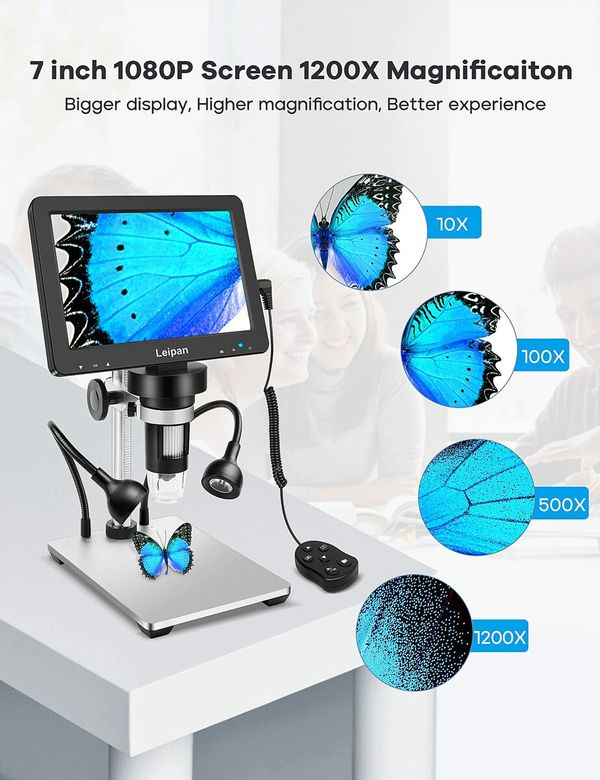 7" LCD Digital Microscope 1200X,12MP Coin Microscope with Screen for Adults,1080P Video Microscope with 12pcs Slides,Wired Remote,2 Side Lights,Windows/Mac OS Compatible (DM9)