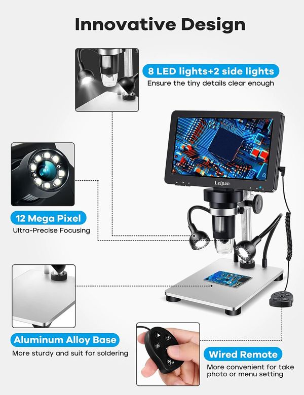 7" LCD Digital Microscope 1200X,12MP Coin Microscope with Screen for Adults,1080P Video Microscope with 12pcs Slides,Wired Remote,2 Side Lights,Windows/Mac OS Compatible (DM9)