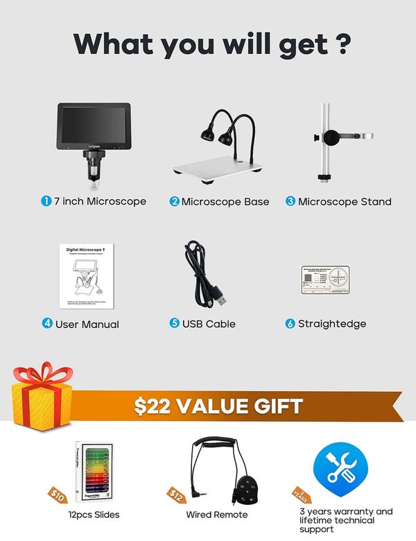 7" LCD Digital Microscope 1200X,12MP Coin Microscope with Screen for Adults,1080P Video Microscope with 12pcs Slides,Wired Remote,2 Side Lights,Windows/Mac OS Compatible (DM9)