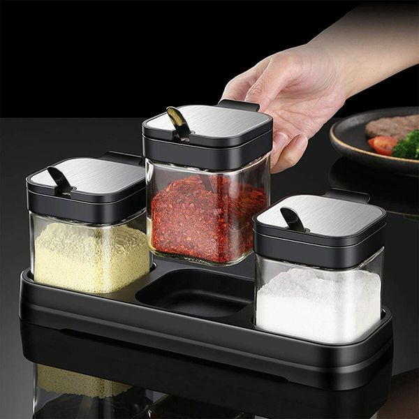 Condiment Container,Seasoning Box Glass l Set of 3 for Kitchen, Counter, Food Storage