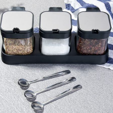 Condiment Container,Seasoning Box Glass l Set of 3 for Kitchen, Counter, Food Storage