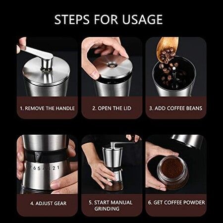 Manual Coffee Bean Grinder Stainless Steel with Ceramic Burrs Coffee Grinder, Silver (Level 8)