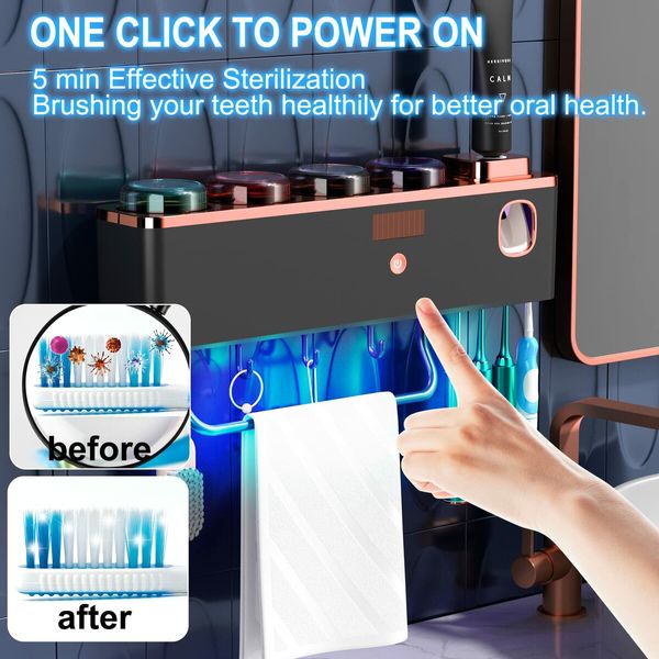 UV Toothbrush Holder with Toothpaste Squeezer Wall Mounted for Bathroom USB Rechargeable with UVC LED Light-4 Cups