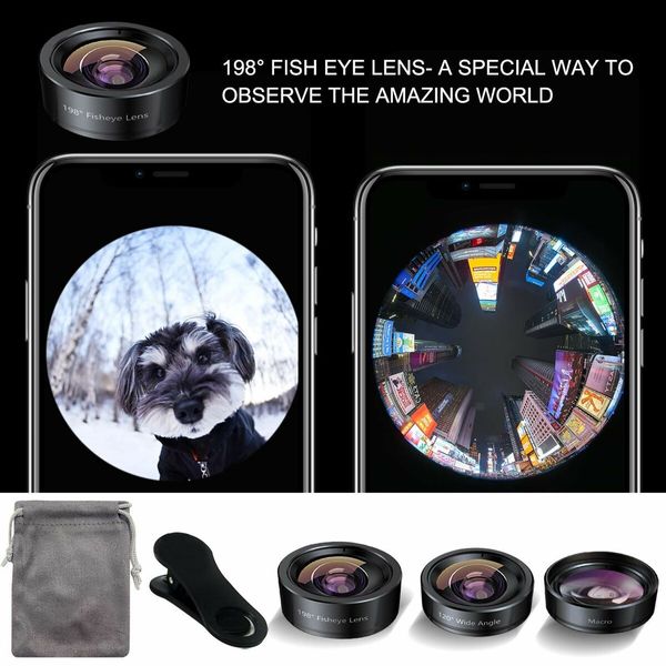 Phone Camera Lens 3 in 1 Phone Lens Kit,198 Fisheye Lens + 120 Super Wide-Angle Lens + 20x Macro Lens for iPhone Samsung Android Smartphone