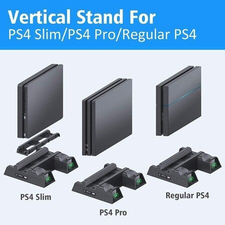 PS4 Cooling Fan Station for Playstation 4/PS4 Slim/PS4 Pro, PS4 Pro Vertical Stand with Dual Controller EXT Charger Port Dock Station