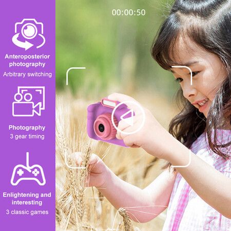 Children's Camera High-definition 4000W Front Rear Dual-camera 2 Inch 1080P HD IPS Screen Digital Kids Camera Photography Toys Color Purple