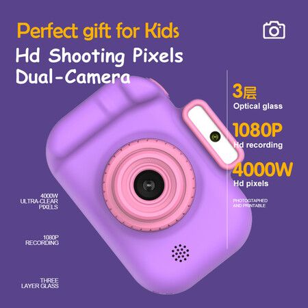 Children's Camera High-definition 4000W Front Rear Dual-camera 2 Inch 1080P HD IPS Screen Digital Kids Camera Photography Toys Color Purple