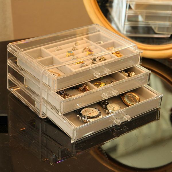 Jewelry Boxes For Women With 3 Drawers Stackable Velvet Jewelry Organizer Holder for Earring Bangle Bracelet Necklace Ring Display Case Gift for Girls Beige