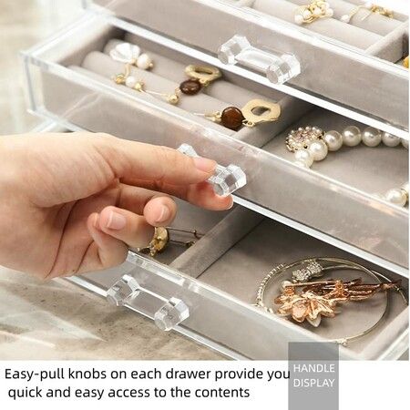 Acrylic Jewelry Box, Clear Jewelry Organizer With 3 Drawers, Velvet Display Holder for Earrings Ring Bracelet Necklace, Gift for Women Grey