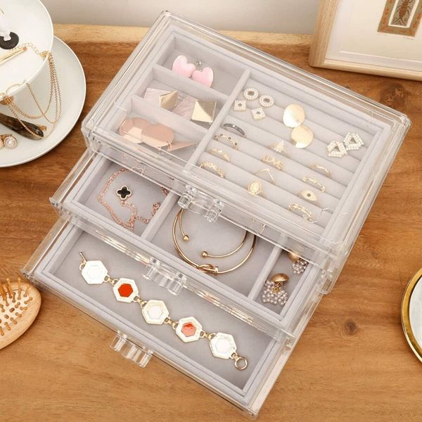 Acrylic Jewelry Box, Clear Jewelry Organizer With 3 Drawers, Velvet Display Holder for Earrings Ring Bracelet Necklace, Gift for Women Grey