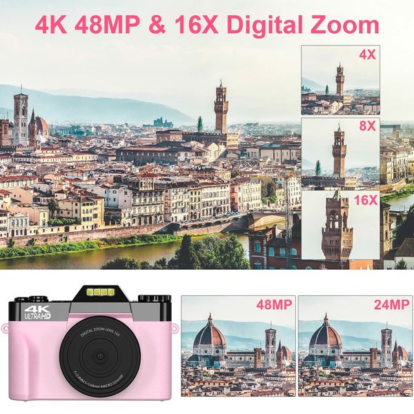 Digital Cameras for Photography,4K 48MP Vlogging Camera 16X Digital Zoom Manual Focus Rechargeable Students Compact Camera with 52mm Wide-Angle Lens & Macro Lens,32G Micro Card and 2 Batteries (Pink)