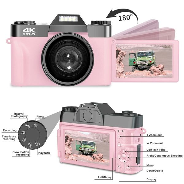 Digital Cameras for Photography,4K 48MP Vlogging Camera 16X Digital Zoom Manual Focus Rechargeable Students Compact Camera with 52mm Wide-Angle Lens & Macro Lens,32G Micro Card and 2 Batteries (Pink)