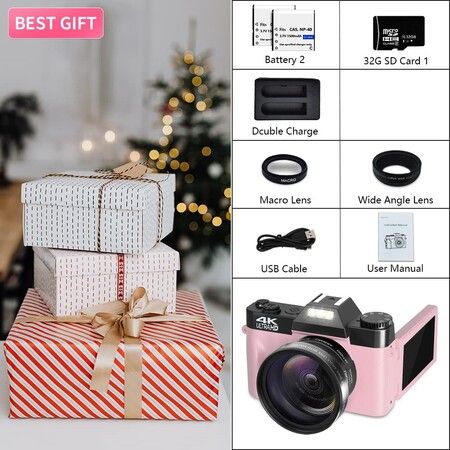 Digital Cameras for Photography,4K 48MP Vlogging Camera 16X Digital Zoom Manual Focus Rechargeable Students Compact Camera with 52mm Wide-Angle Lens & Macro Lens,32G Micro Card and 2 Batteries (Pink)