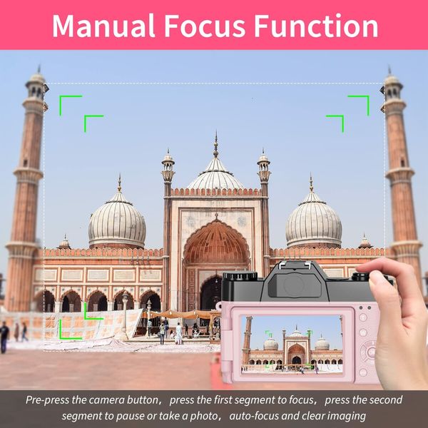 Digital Cameras for Photography,4K 48MP Vlogging Camera 16X Digital Zoom Manual Focus Rechargeable Students Compact Camera with 52mm Wide-Angle Lens & Macro Lens,32G Micro Card and 2 Batteries (Pink)