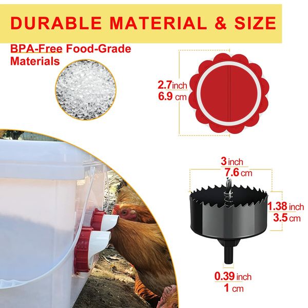 DIY Chicken Feeders No Waste, Poultry Feeder with Covers Gravity Feed Kit Ports 6-1 Hole Saw for Buckets Barrels Bins Troughs