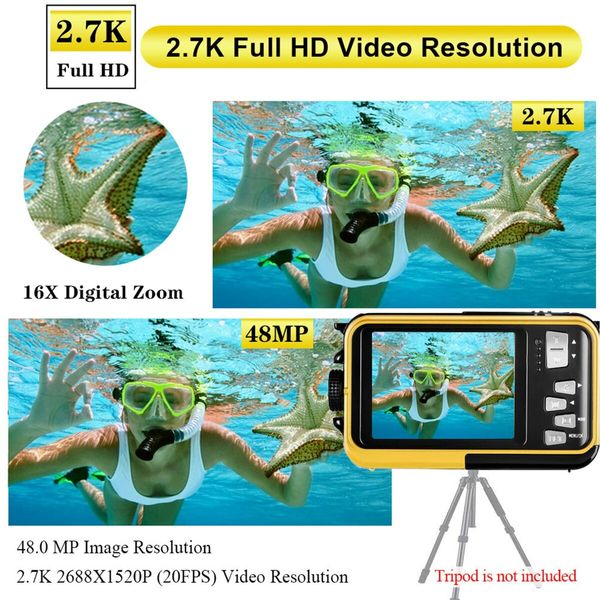 Waterproof Digital Camera Underwater Camera Full HD 2.7K 48 MP Video Recorder Selfie Dual Screens 16X Digital Zoom Flashlight Waterproof Camera for Snorkeling (Yellow)