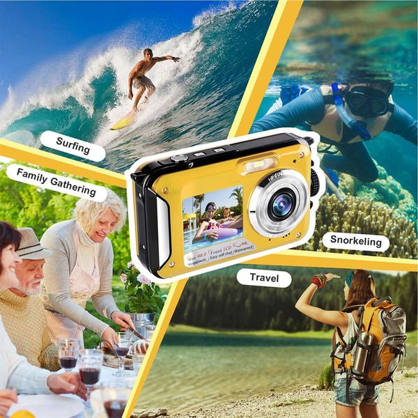 Waterproof Digital Camera Underwater Camera Full HD 2.7K 48 MP Video Recorder Selfie Dual Screens 16X Digital Zoom Flashlight Waterproof Camera for Snorkeling (Yellow)