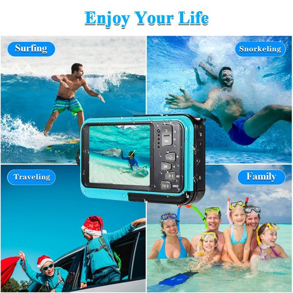 Waterproof Digital Camera Underwater Camera Full HD 2.7K 48 MP Video Recorder Selfie Dual Screens 16X Digital Zoom Flashlight Waterproof Camera for Snorkeling (Blue)